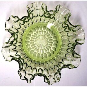 Vintage Fenton Colonial Green Ruffle Edge Thumbprint Pattern Glass Bowl
